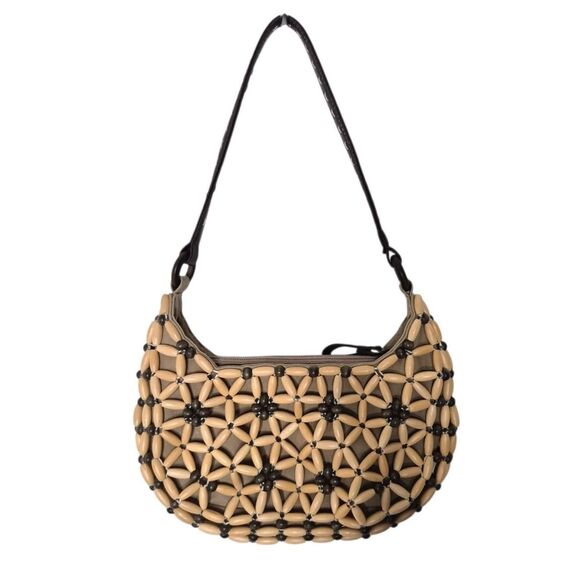 Nine West Vintage Tan and Brown Boho Wood Beaded Shoulder Bag Beach Y2K - Picture 2 of 4
